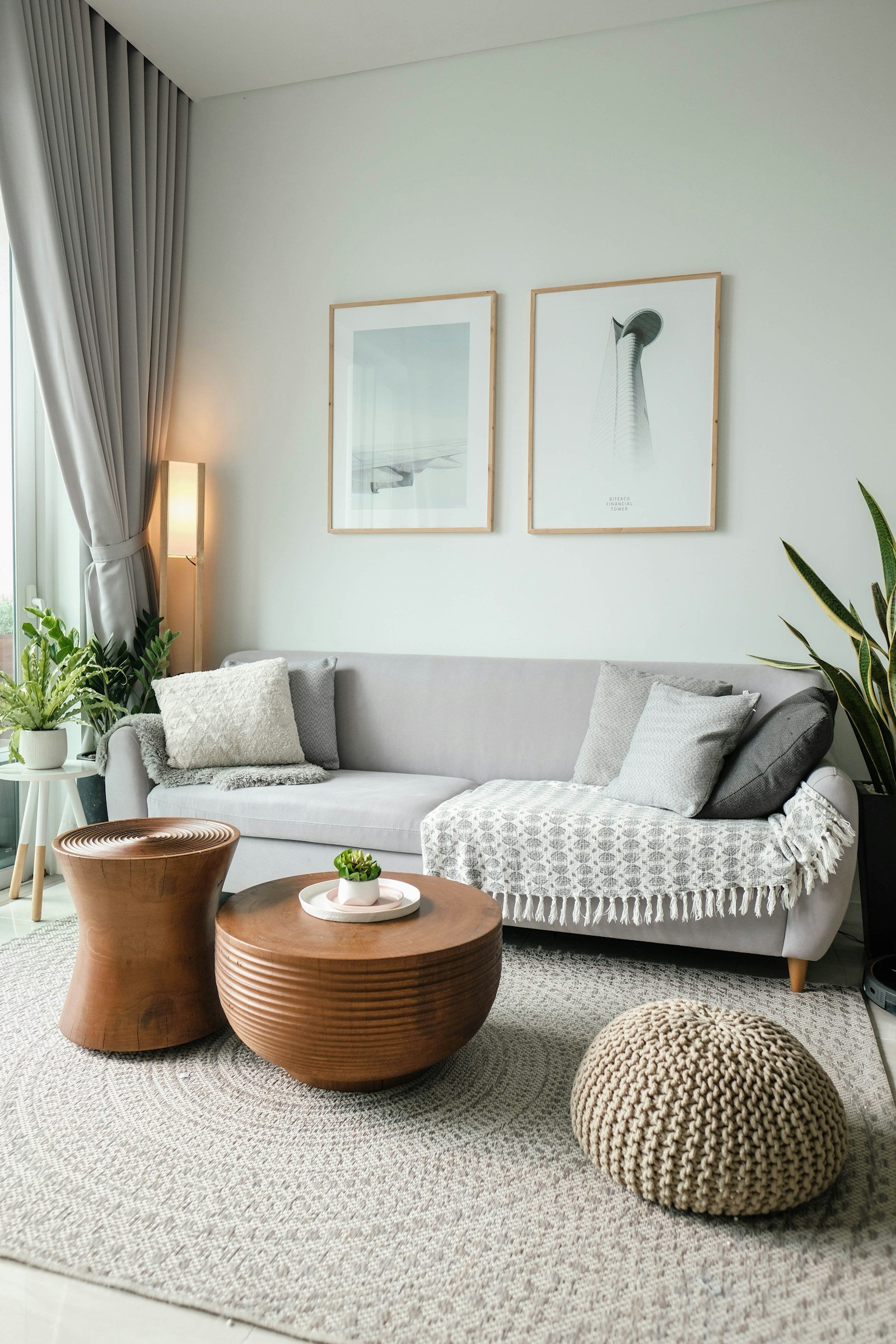 Tidy neutral living room with sofa and coffee table
